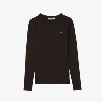 Lacoste Kadın Slim Fit Uzun Kollu Bisiklet Yaka Kahverengi T-shirt