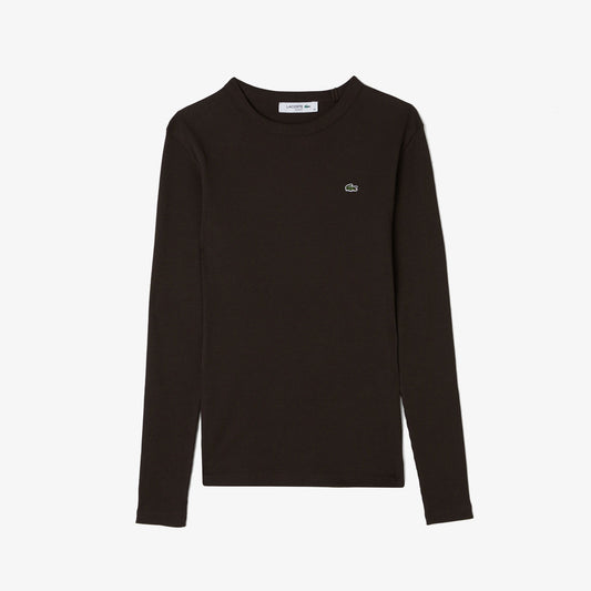 Lacoste Kadın Slim Fit Uzun Kollu Bisiklet Yaka Kahverengi T-shirt