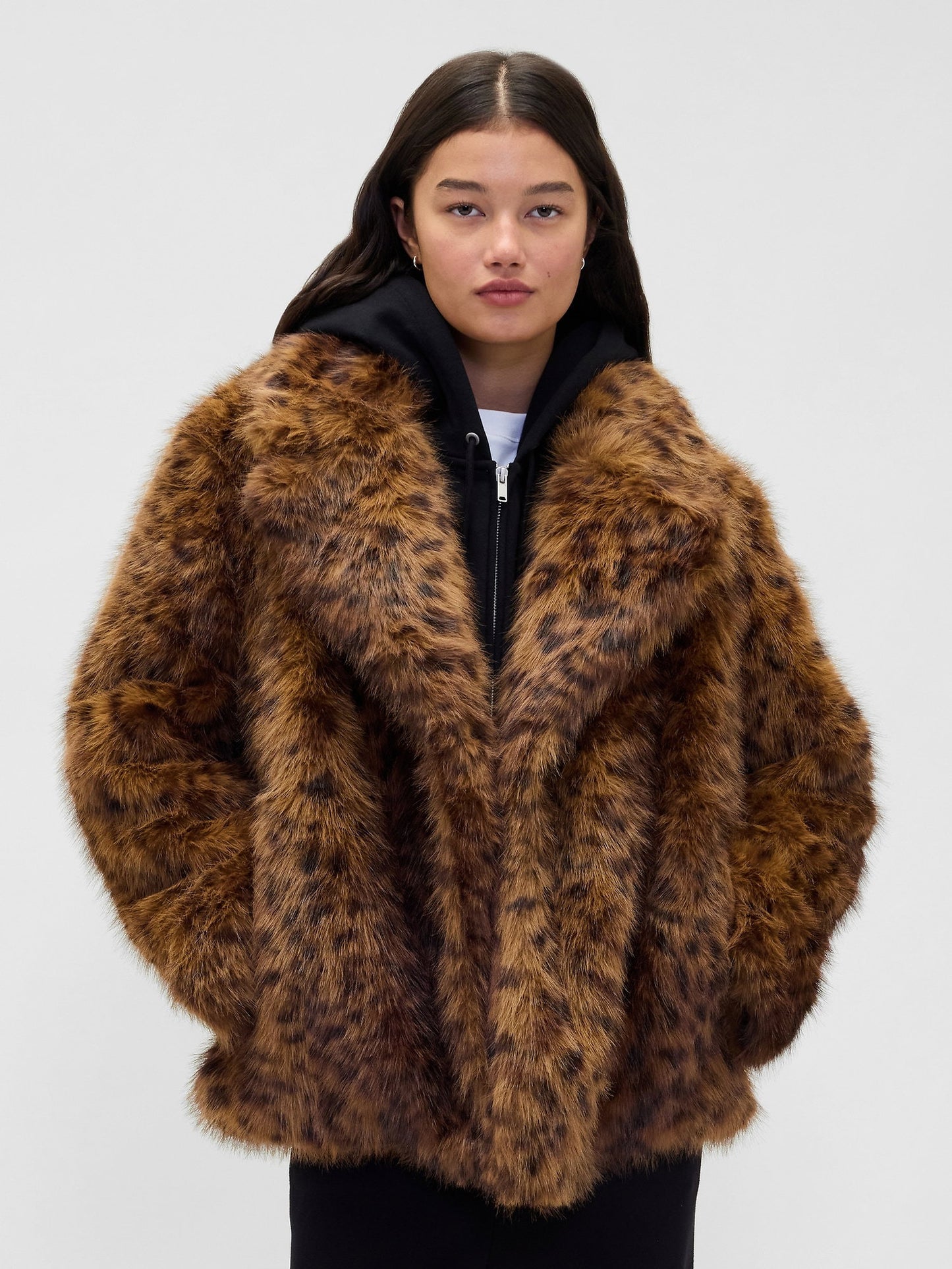 Kahverengi Leopar Faux Fur Palto