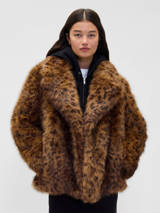 Kahverengi Leopar Faux Fur Palto