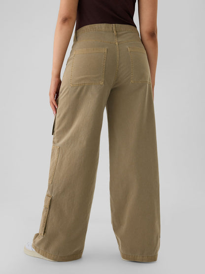 Bej Mid Rise Relaxed Kargo Pantolon