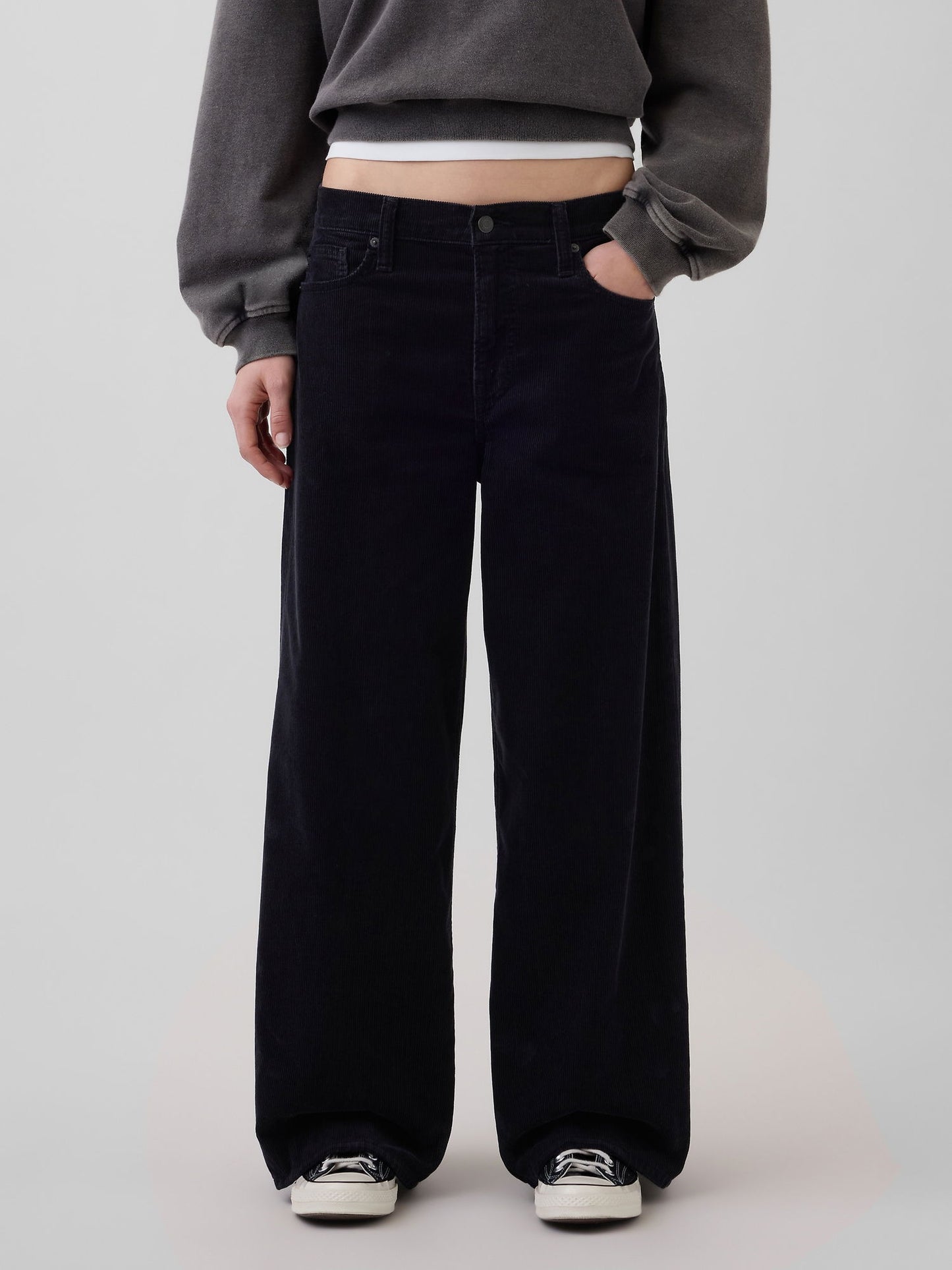 Siyah Mid Rise Kadife Baggy Wide-leg Pantolon