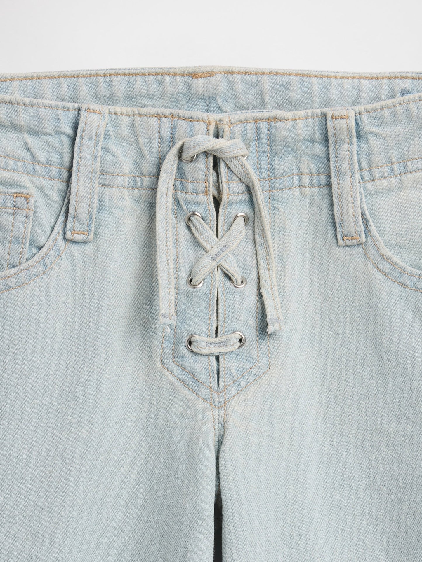 Açık Mavi Low Rise Lace-up Relaxed Flare Jean Pantolon
