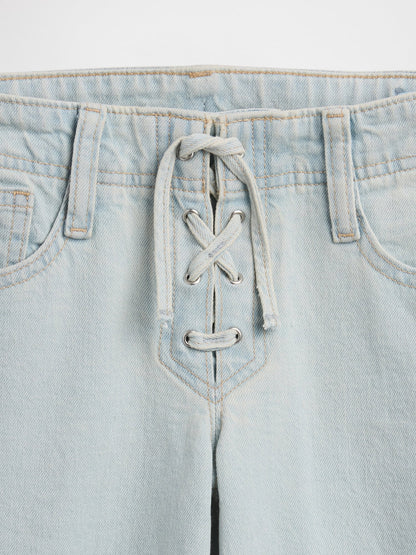 Açık Mavi Low Rise Lace-up Relaxed Flare Jean Pantolon