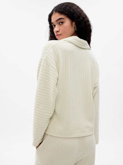Krem Cozy Fitilli Henley Düğmeli T-shirt