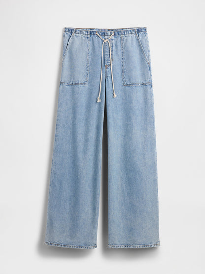 Açık Mavi Mid Rise Pull-on Süper Hafif Wide-leg Jean Pantolon