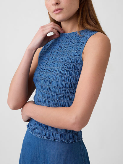 Açık Mavi Smocked Kolsuz Boatneck Bluz