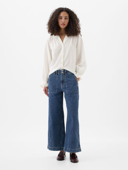 Koyu Mavi High Rise Wide-leg Crop Jean Pantolon