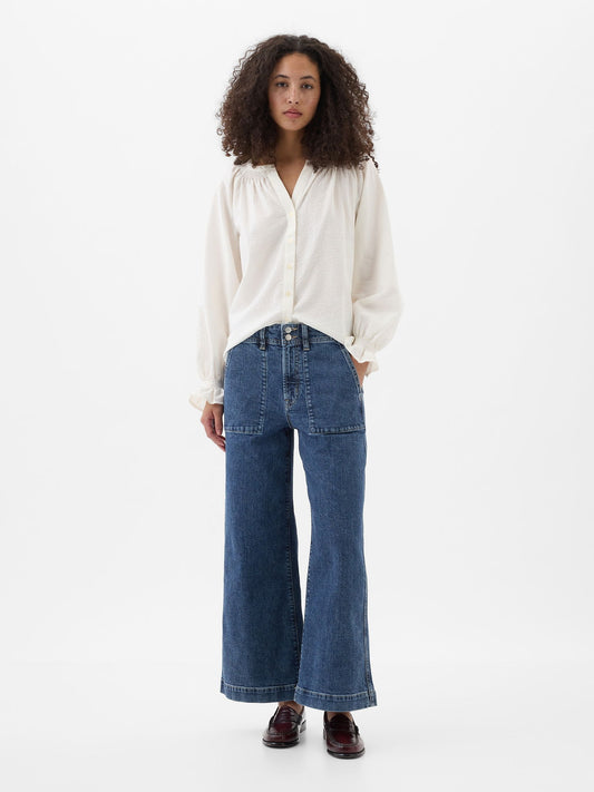 Koyu Mavi High Rise Wide-Leg Crop Jean Pantolon
