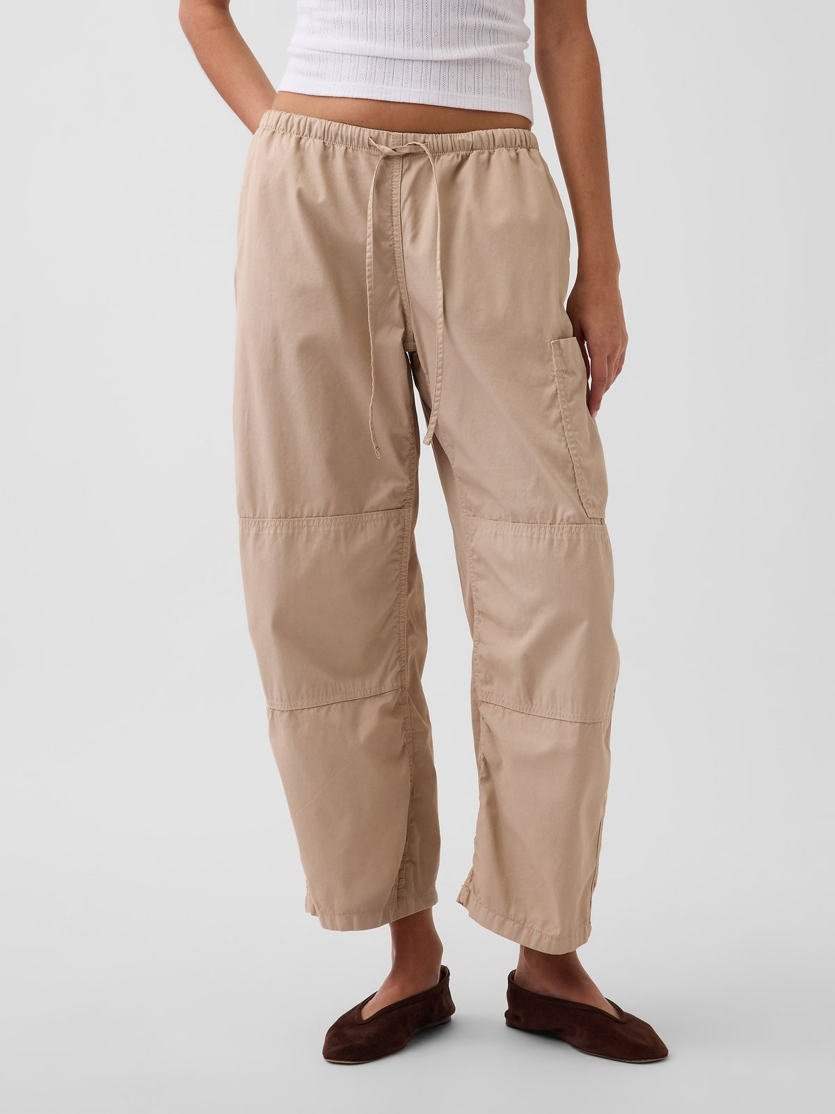 Bej Mid Rise Twill Easy Barrel Utility Pantolon