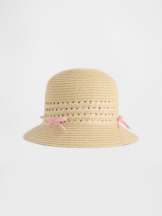 Bej Bow Straw Şapka