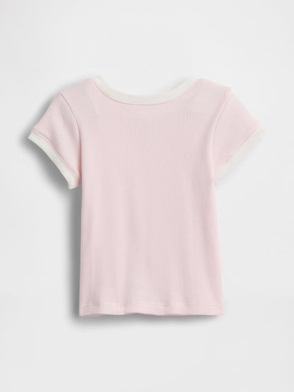 Açık Pembe Logo Fitilli Ringer T-shirt