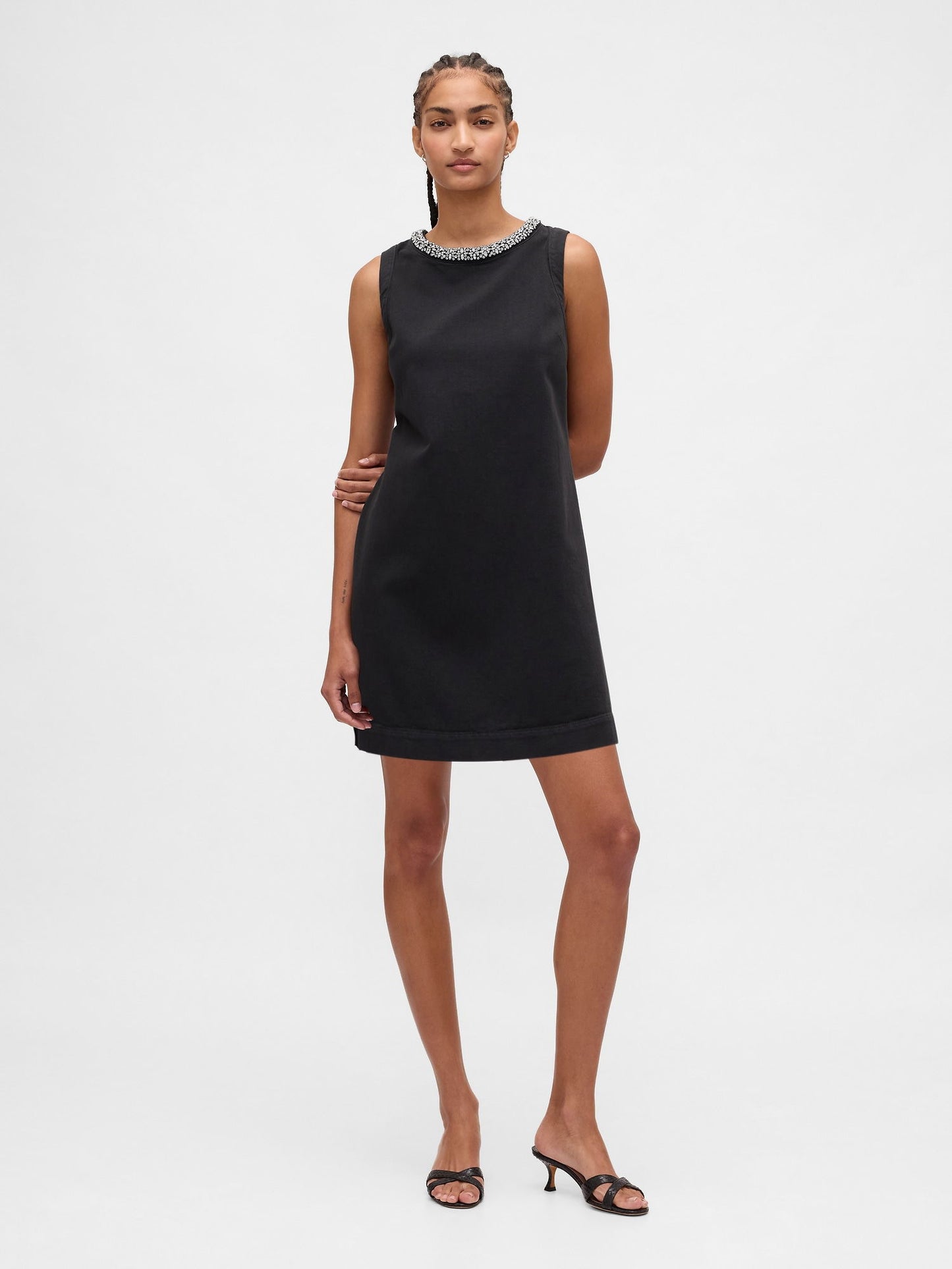 Siyah Jewel-neck Mini Shift Elbise