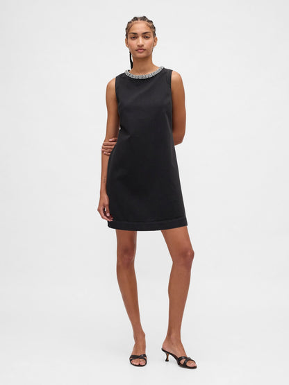Siyah Jewel-neck Mini Shift Elbise