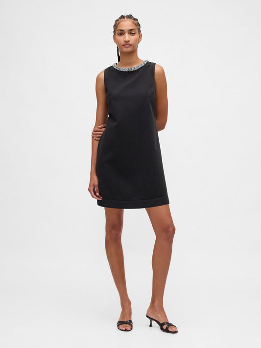 Siyah Jewel-neck Mini Shift Elbise