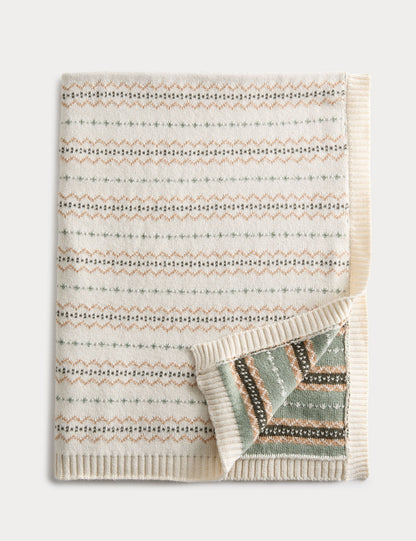 Saf Pamuk Karışımlı Fair Isle Desenli Şal