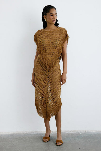 Yüksek Bel Saçaklı Midi Camel Etek