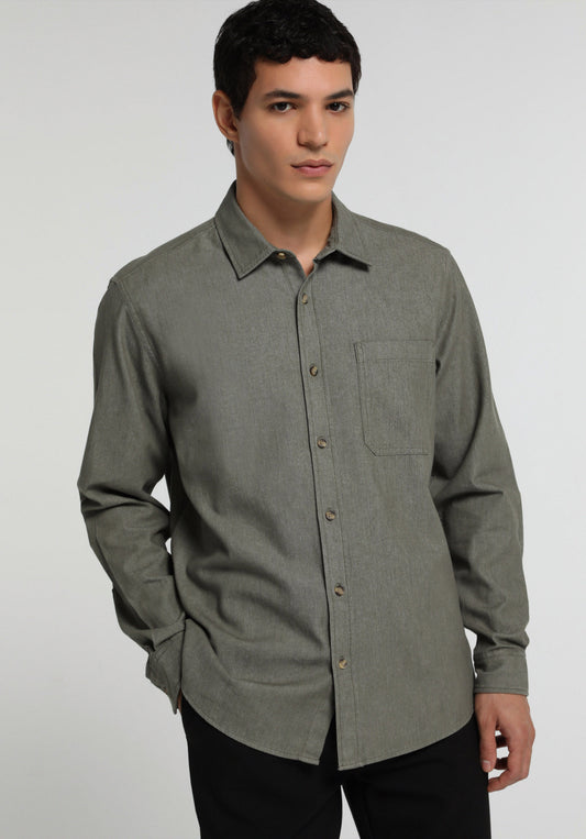 Regular Fit Shirt Neck Düz Erkek Yeşil Uzun Kol Gömlek