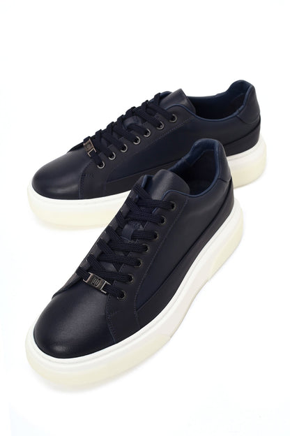 Erkek Lacivert Bağcıklı Kalın Tabanlı Deri Sneaker