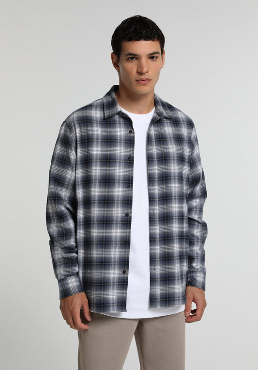 Regular Fit Shirt Neck Ekoseli Erkek Lacivert Uzun Kol Gömlek