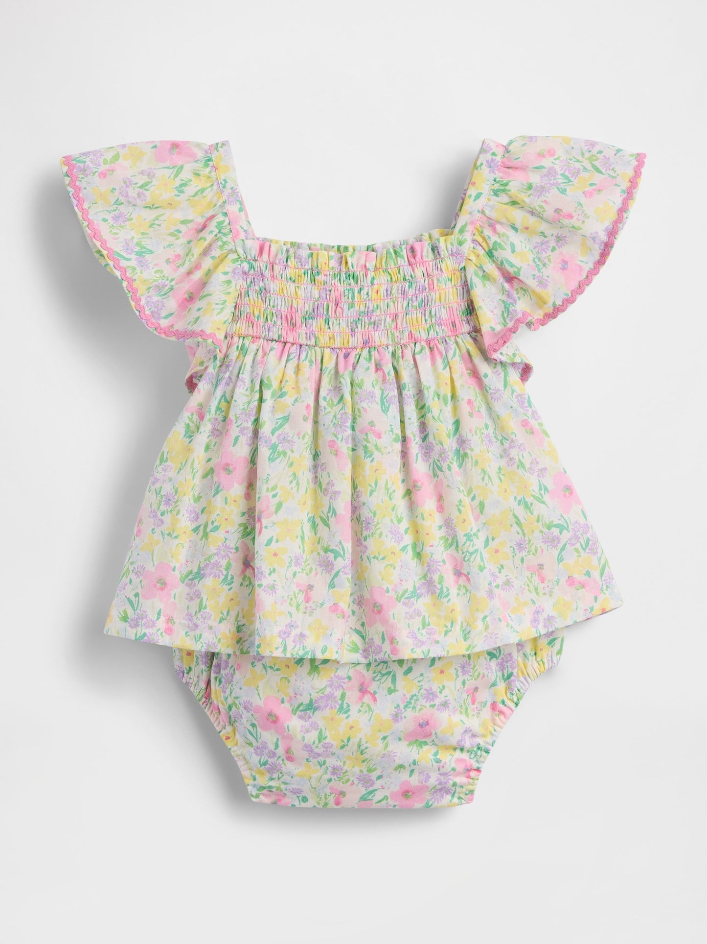 Çok Renkli Smocked Flutter-sleeve Bodysuit Elbise