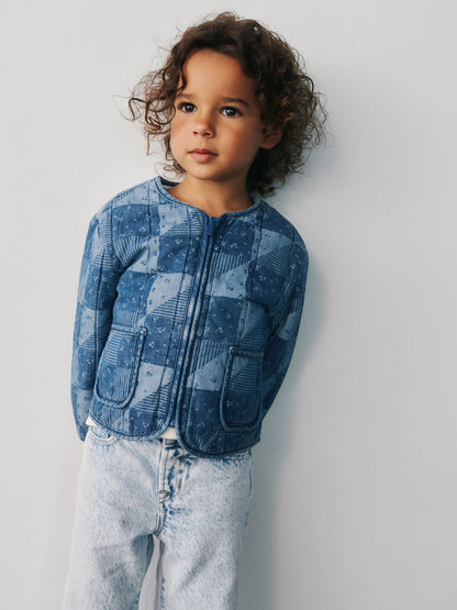 Lacivert Kapitone Patchwork Denim Ceket