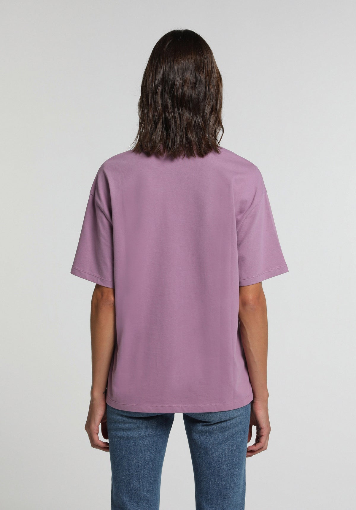 Oversize Fit Yuvarlak Yaka Baskılı Kadın Mor Kısa Kol Tişört