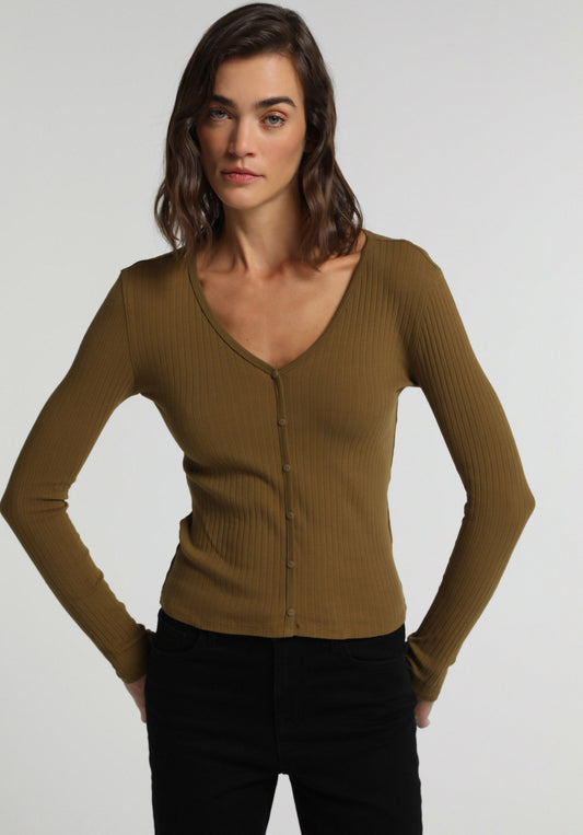 Slim Fit V Yaka Düz Kadın Uzun Kol Tişört
