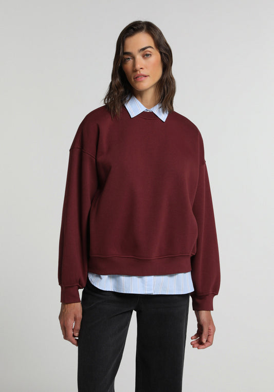 Oversize Fit Yuvarlak Yaka Nakışlı Kadın Bordo Sweatshirt