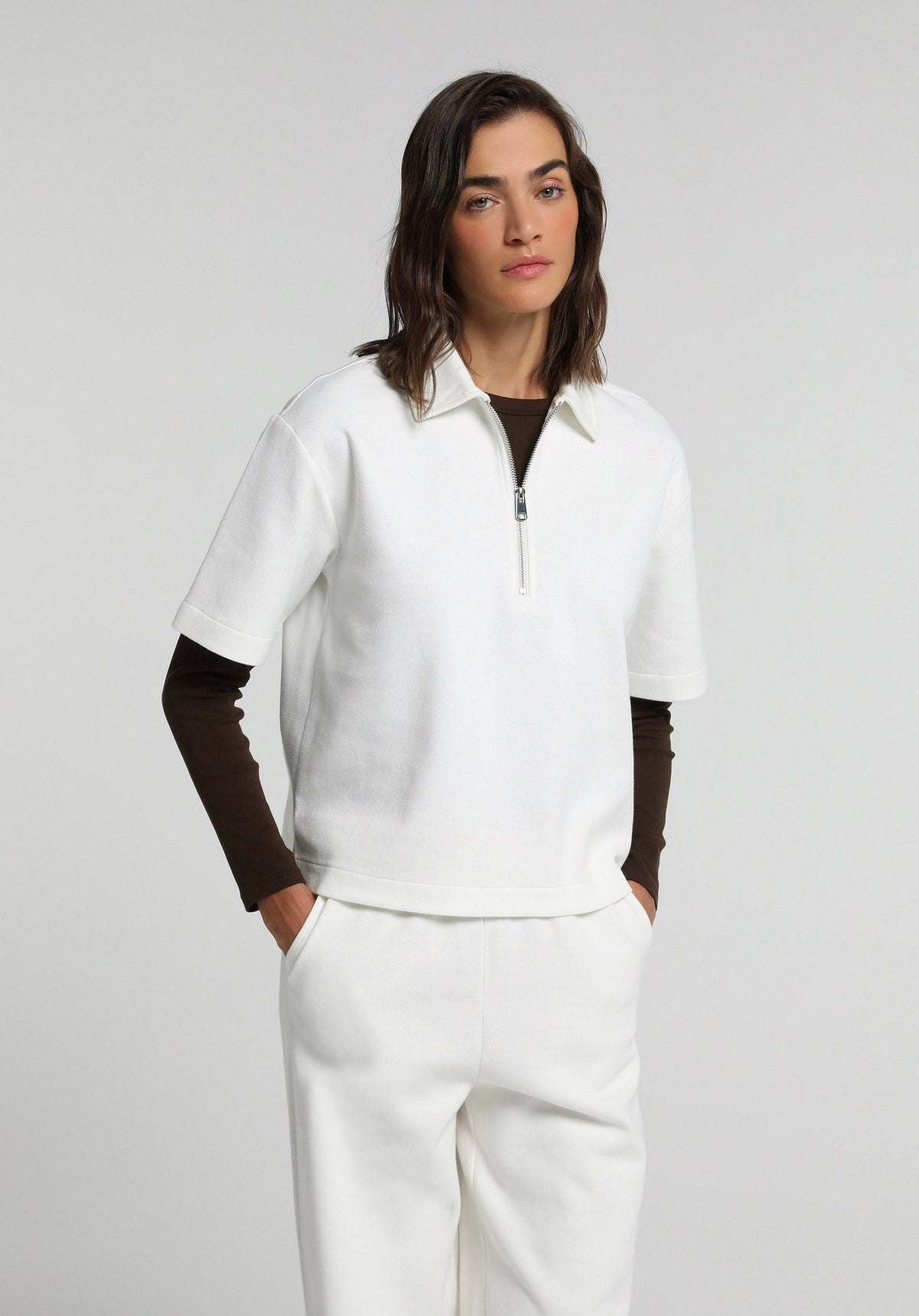 Regular Fit Polo Yaka Düz Kadın Beyaz Kısa Kol Tişört