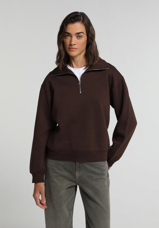 Regular Fit Fermuarlı Düz Kadın Kahverengi Sweatshirt