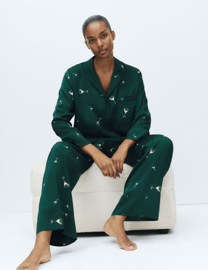 Saten Kokteyl Desenli Pijama Takımı