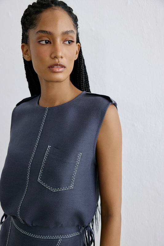 Keten Kontrast Dikişli Crop Indigo Bluz