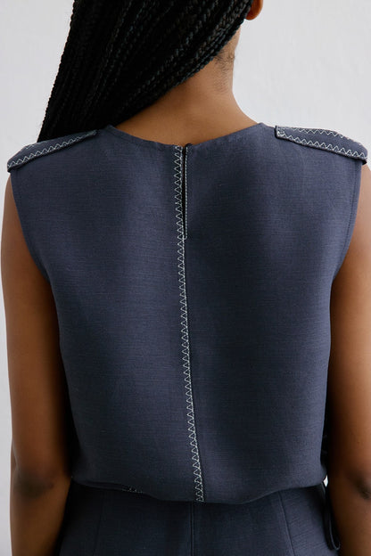 Keten Kontrast Dikişli Crop Indigo Bluz