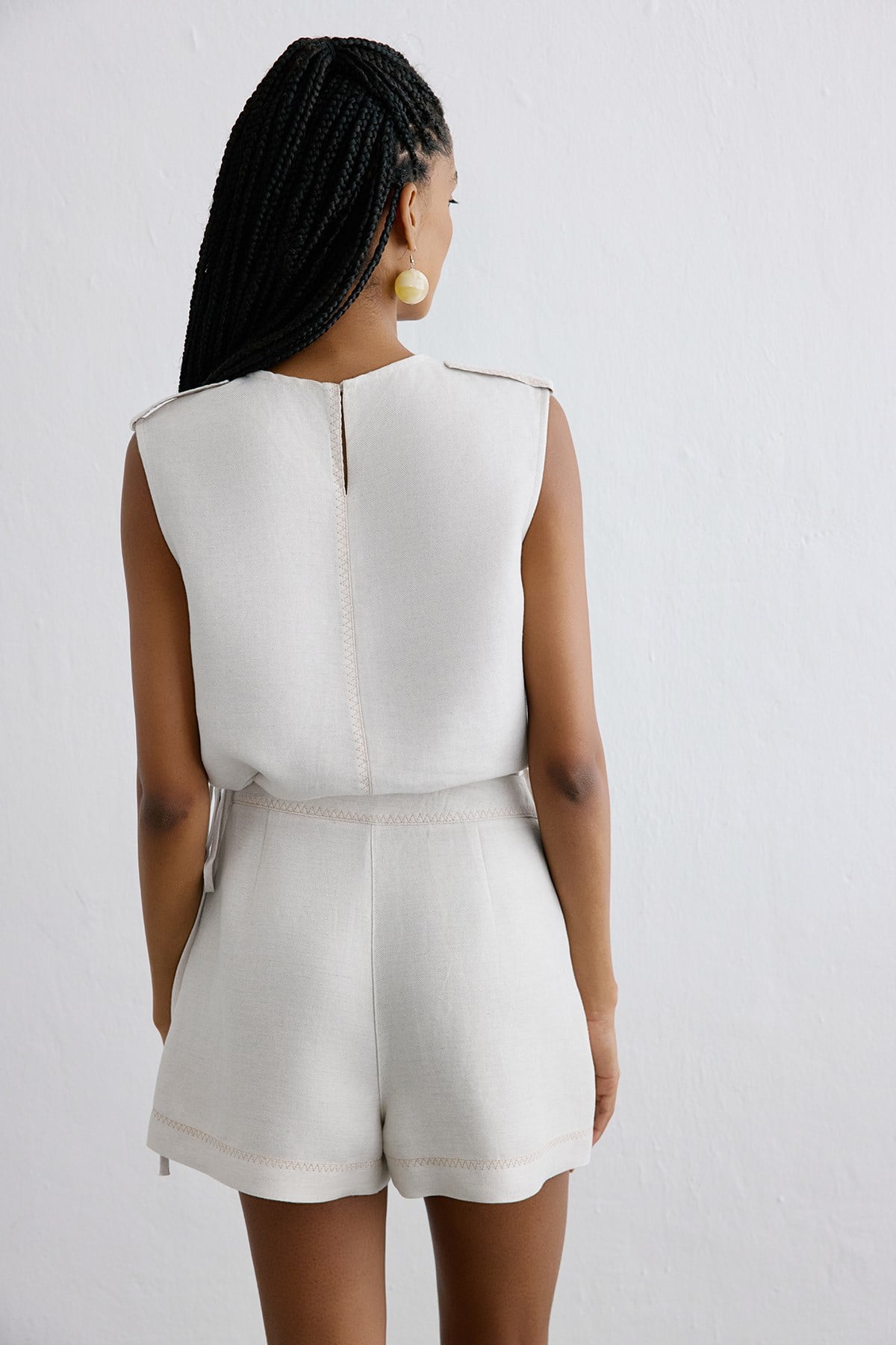 Keten Kontrast Dikişli Crop Bej Bluz