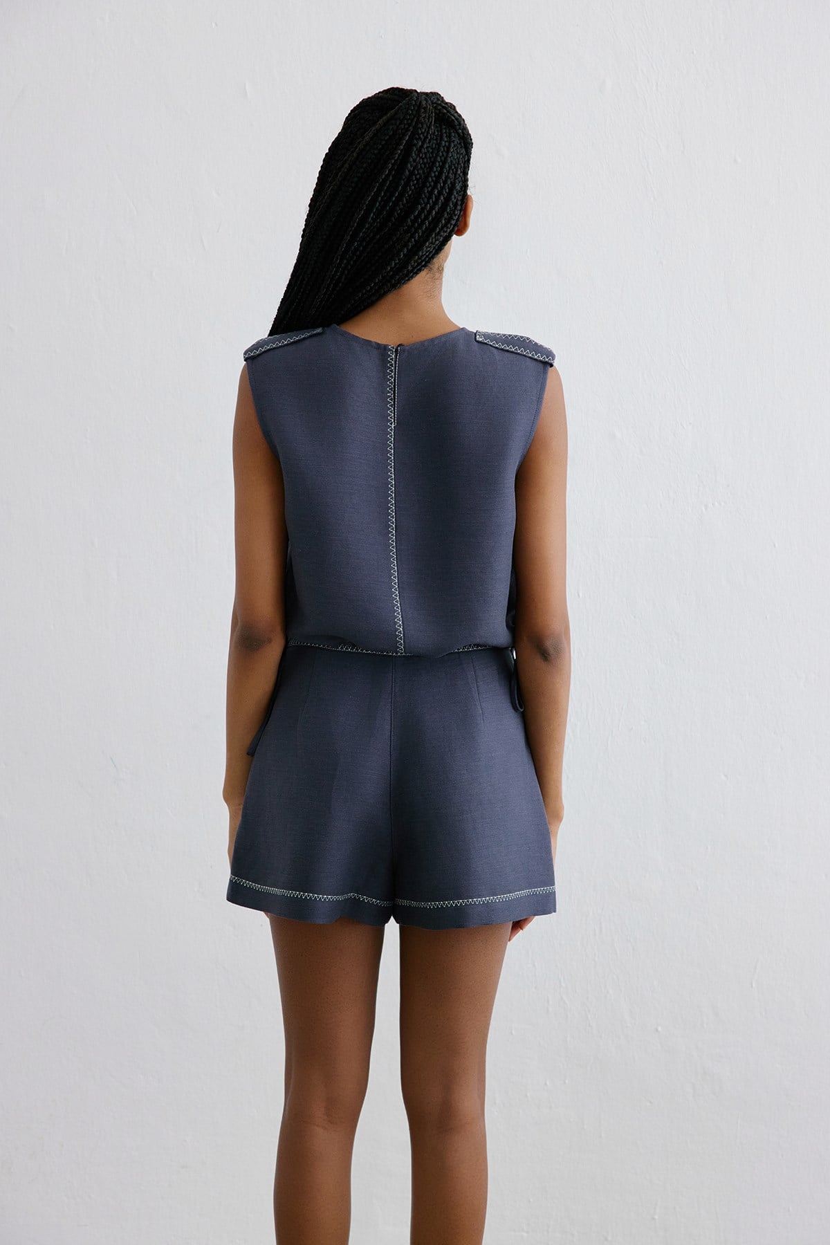 Keten Kontrast Dikişli Crop Indigo Bluz