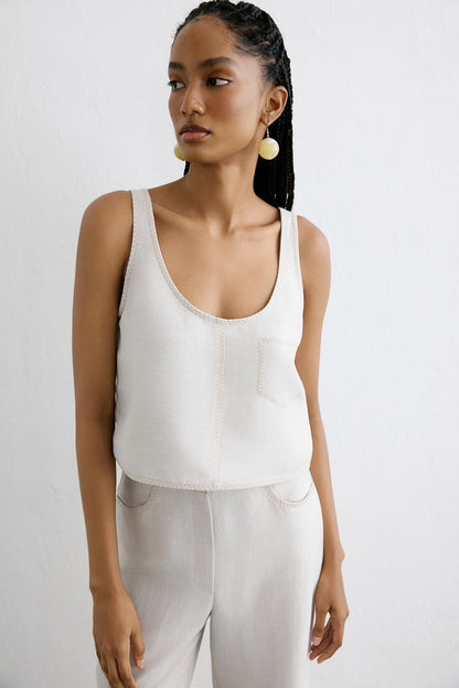 Keten Karışımlı Crop Bej Bluz