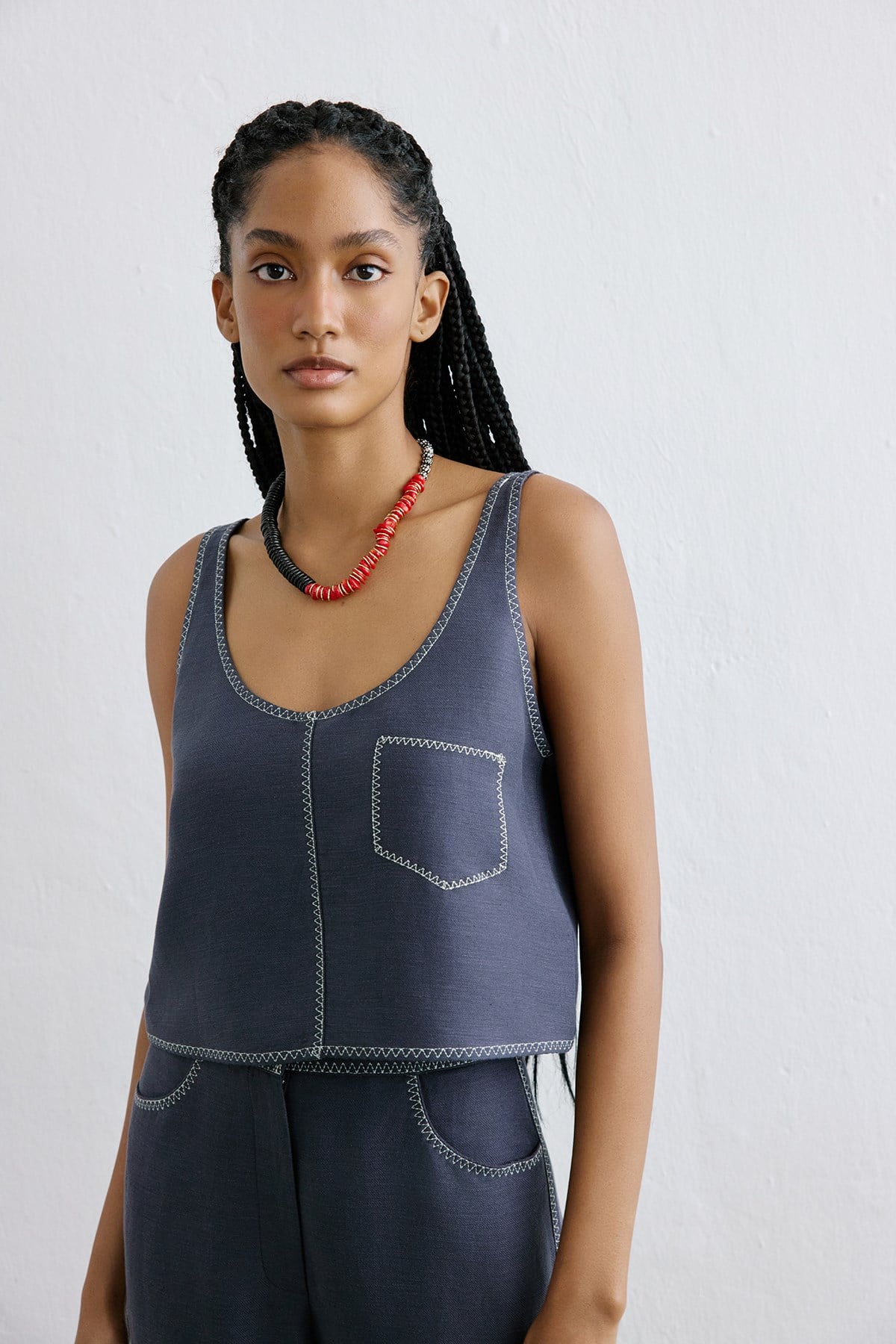 Keten Karışımlı Crop Indigo Bluz