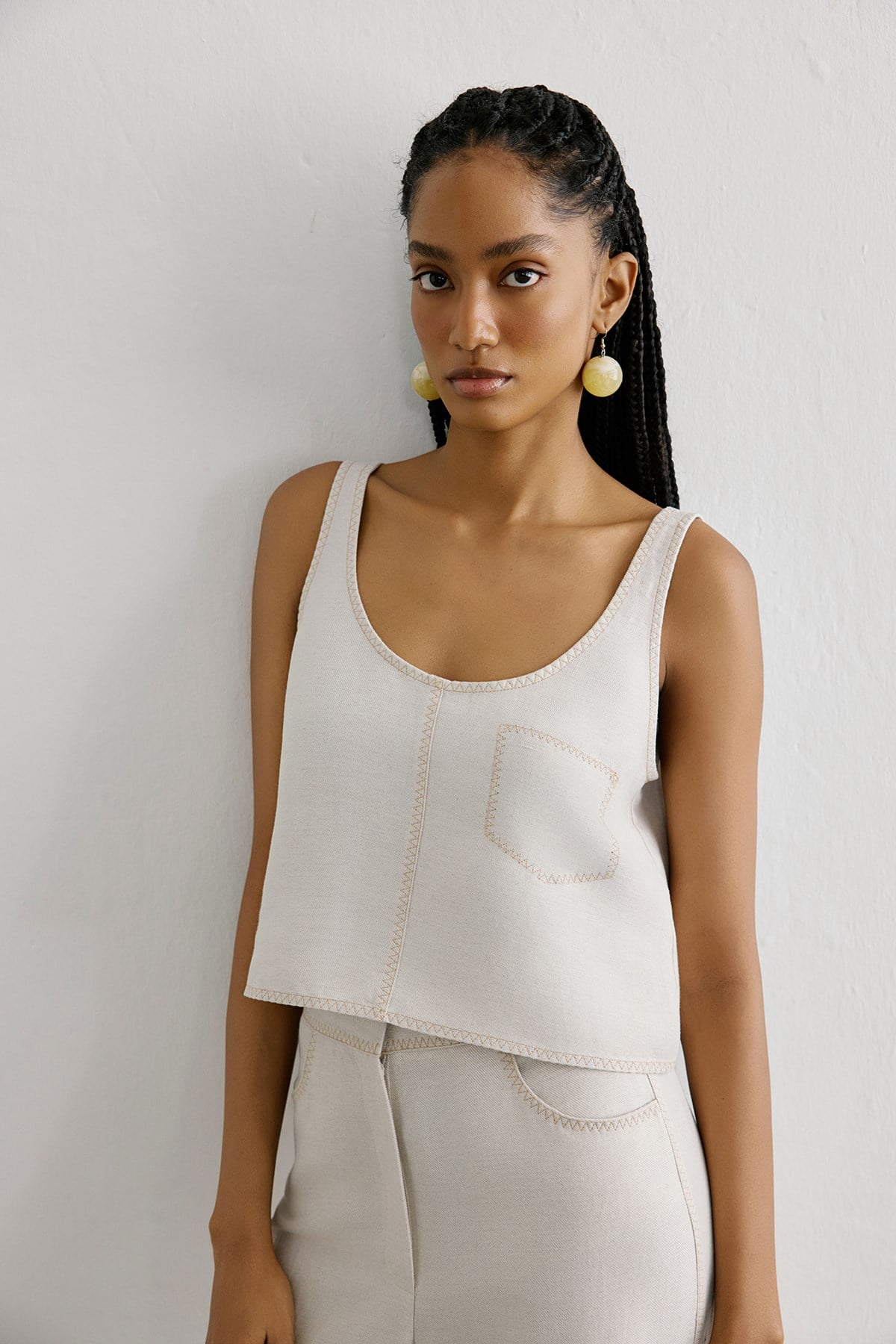 Keten Karışımlı Crop Bej Bluz