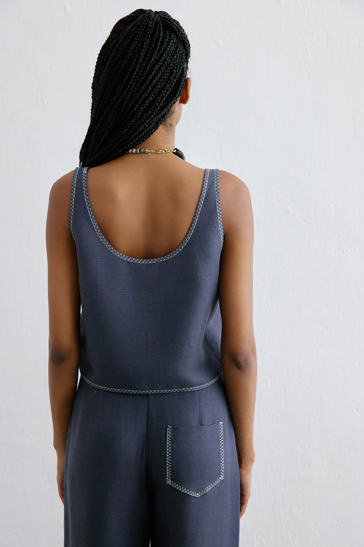 Keten Karışımlı Crop Indigo Bluz