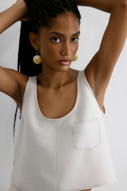 Keten Karışımlı Crop Bej Bluz