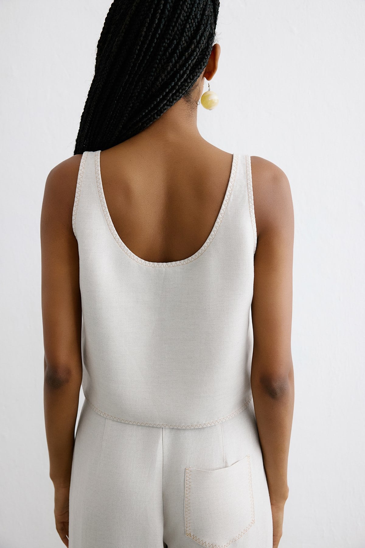 Keten Karışımlı Crop Bej Bluz