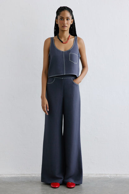 Keten Karışımlı Crop Indigo Bluz