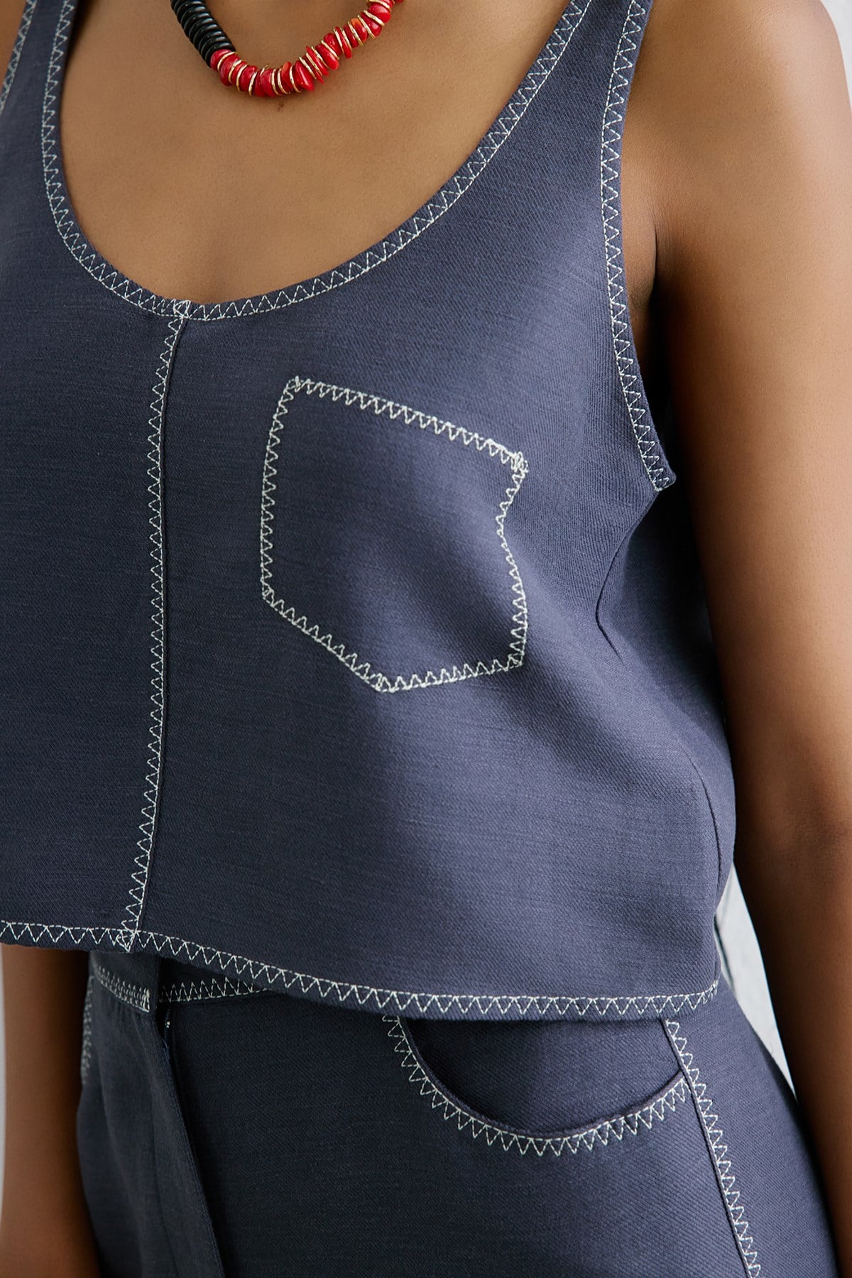Keten Karışımlı Crop Indigo Bluz