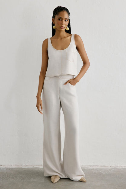 Keten Karışımlı Crop Bej Bluz