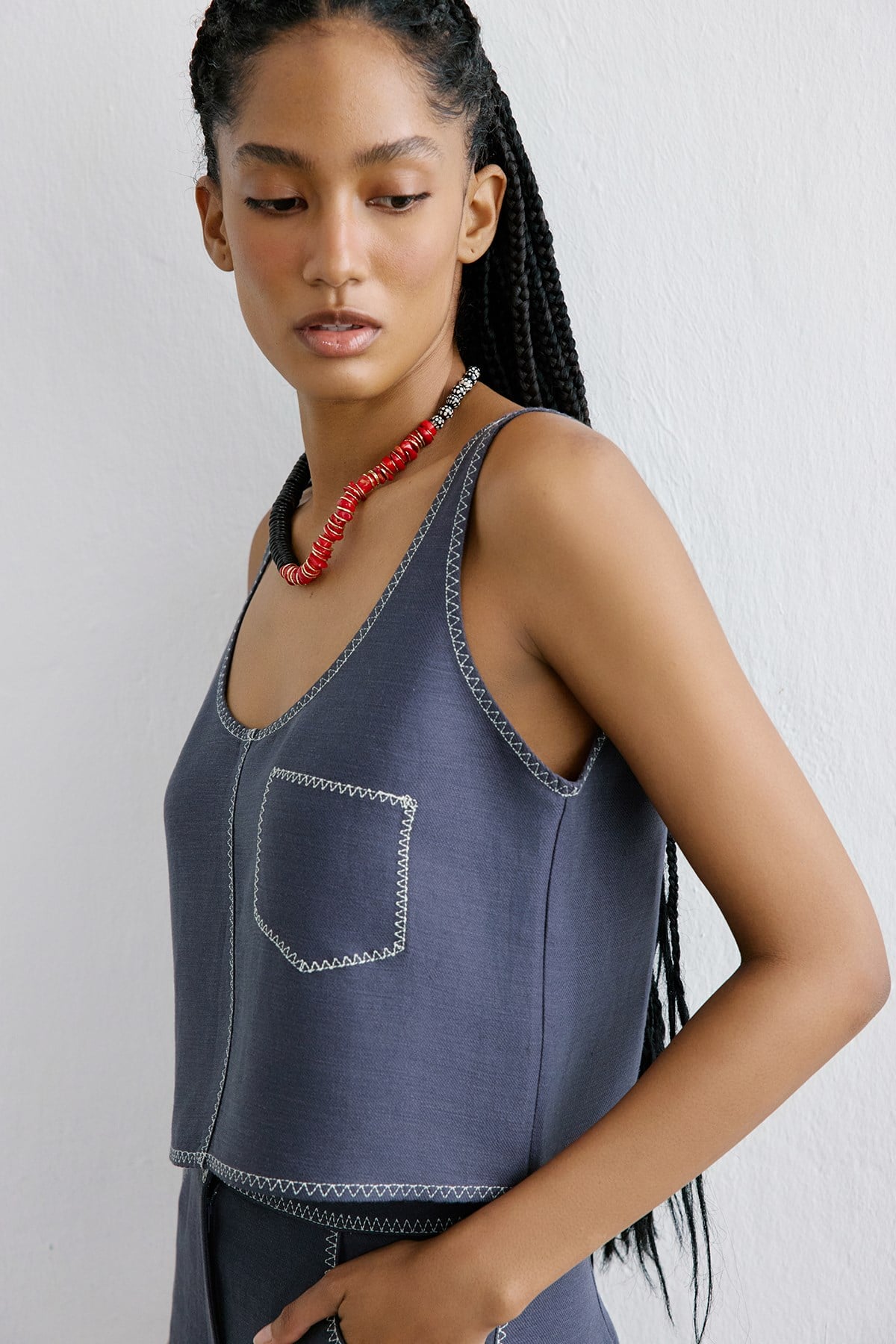 Keten Karışımlı Crop Indigo Bluz