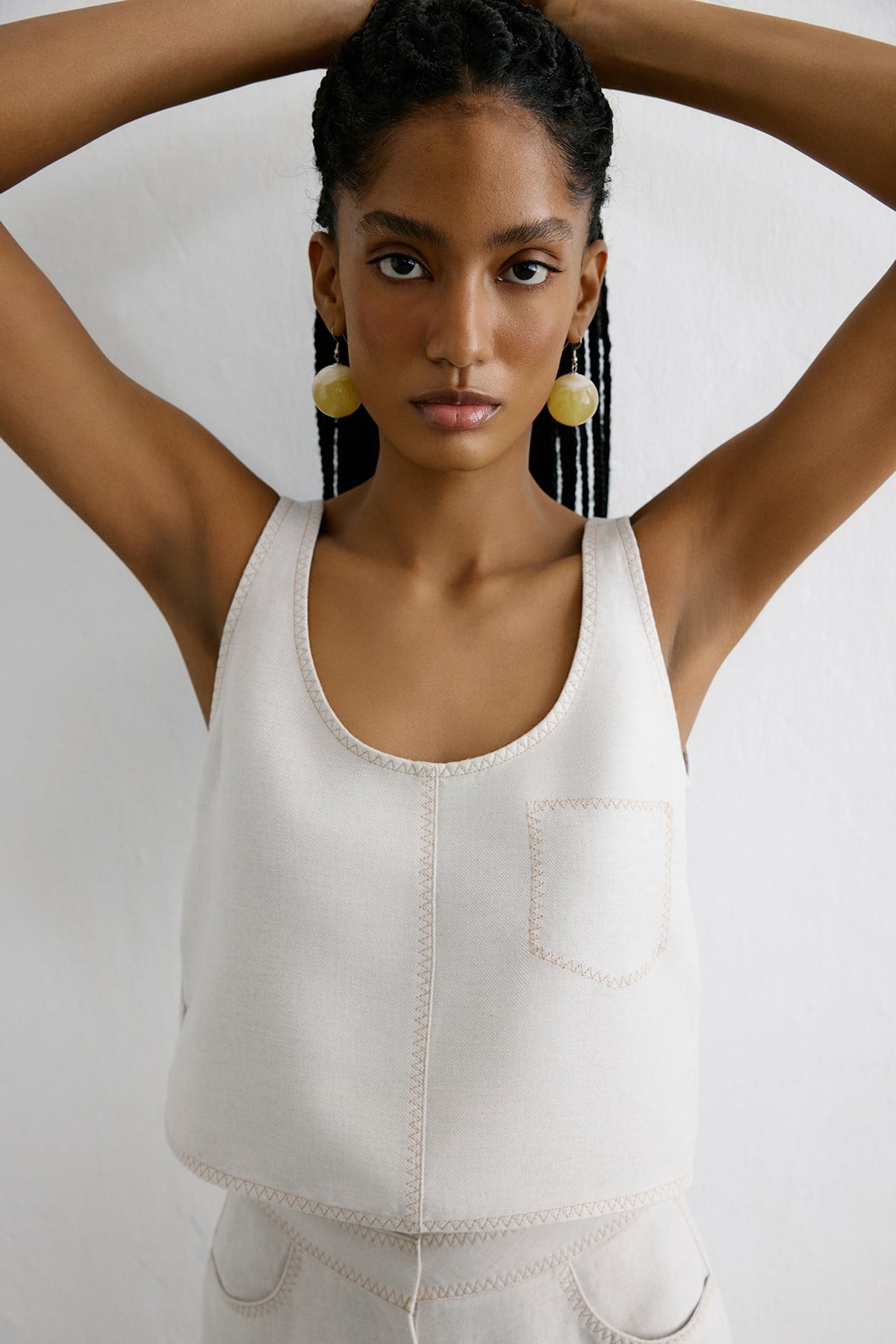Keten Karışımlı Crop Bej Bluz