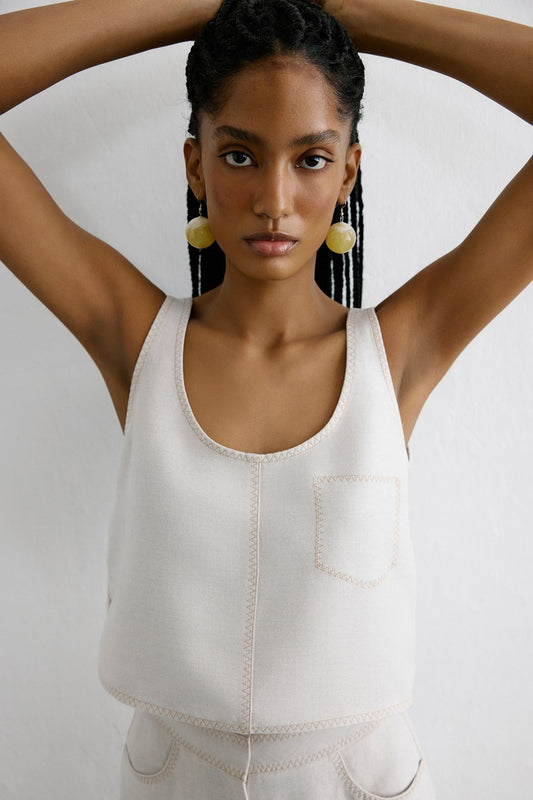 Keten Karışımlı Crop Bej Bluz