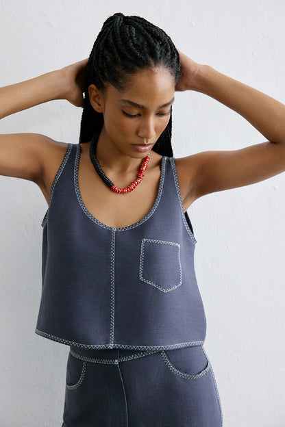 Keten Karışımlı Crop Indigo Bluz