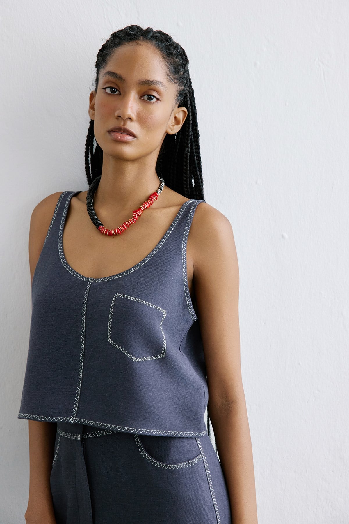 Keten Karışımlı Crop Indigo Bluz
